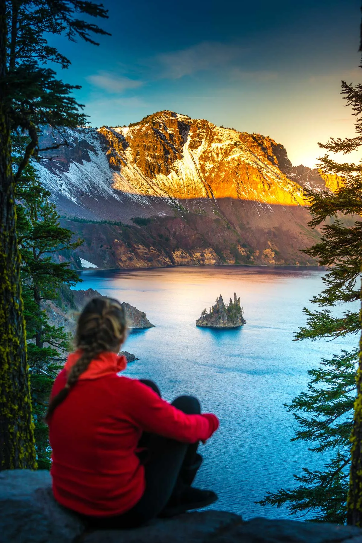 Female hiker looking at Phantom Rock Crater Lake