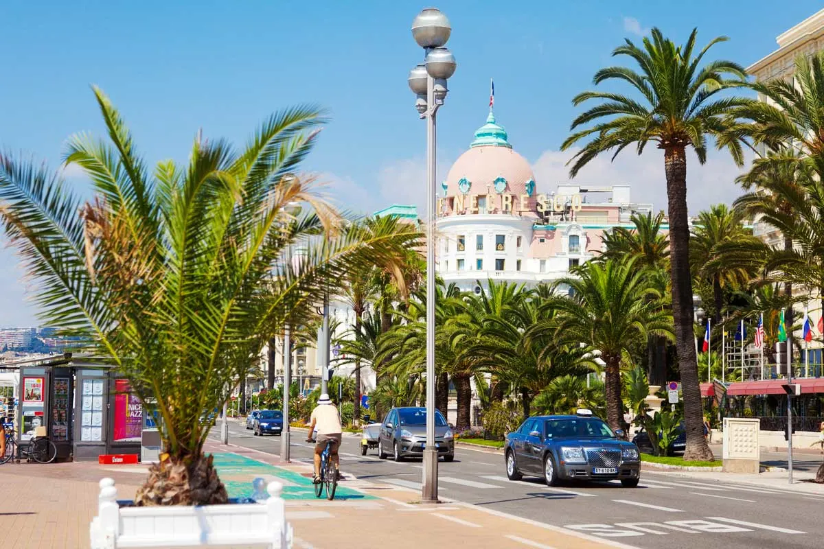 A man cycles down a palm fringed street in Nice France in Summer. 