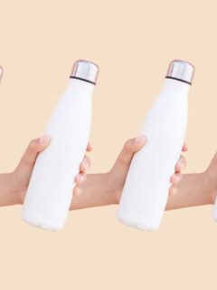 Female hand holding white reusable water bottle repeated four times against a pink background.