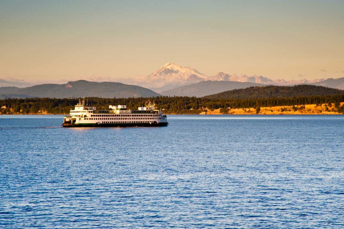 A ferry crosses the Puget sound at sunset.