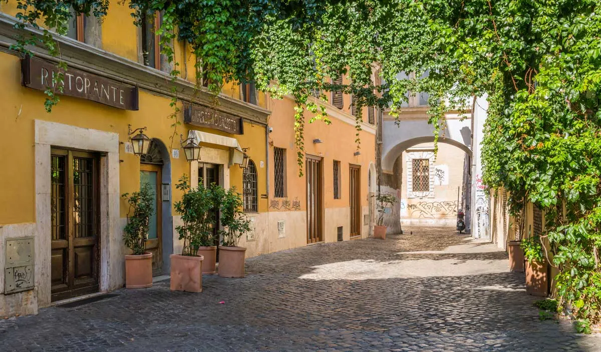 A cobbled street covered with green vine with colourful buildings in Trastevere Rome. 