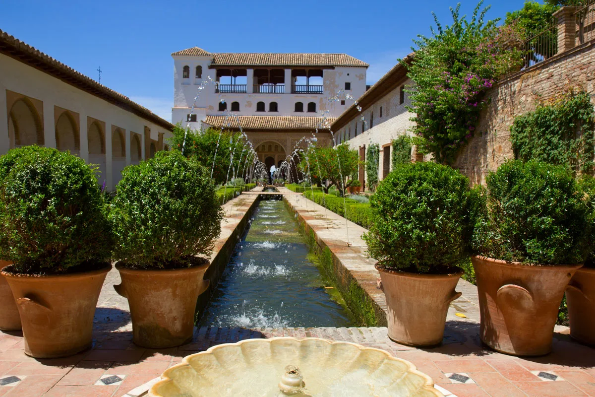 The internal courtyard garden at Generalife palace and garden, Granada, Spain.