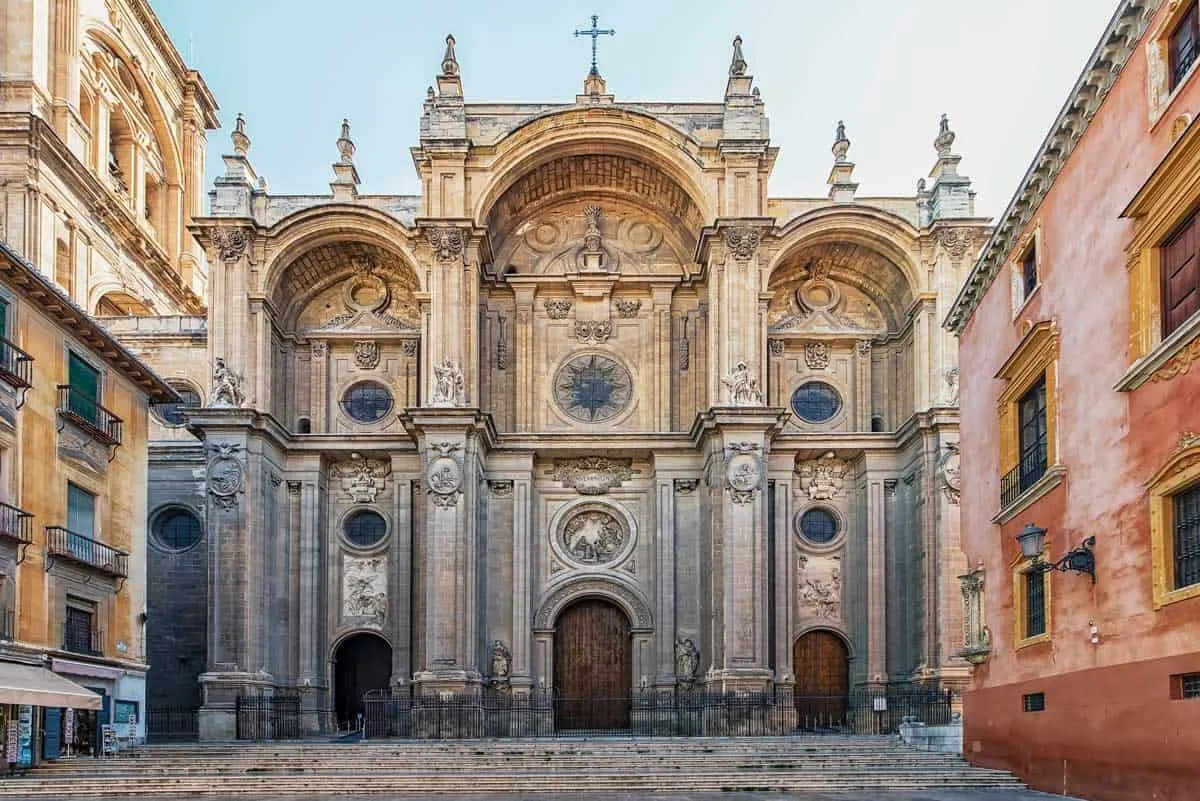 The exterior of the Granada Cathedral in Spain. 