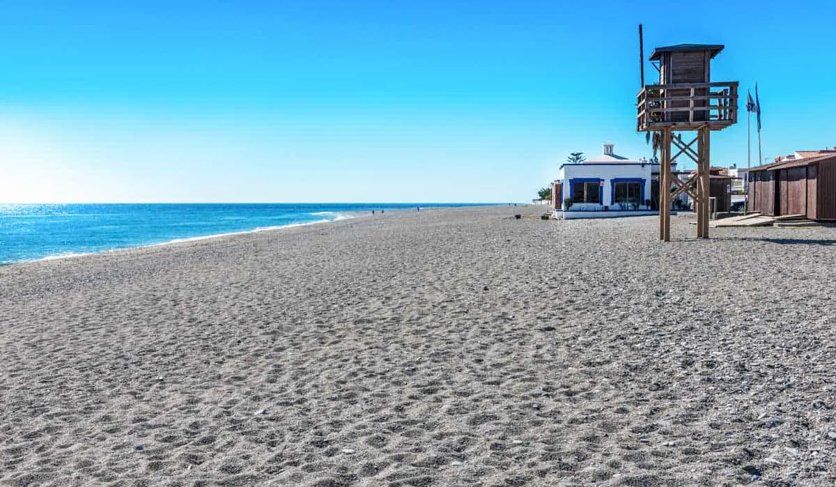 A life guard station on an empty beach in Calahonda in Spain. 