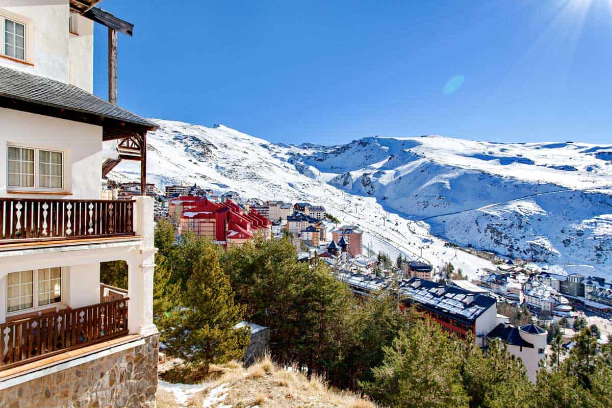 The Sierra Nevada Ski resort in winter on a sunny day. 