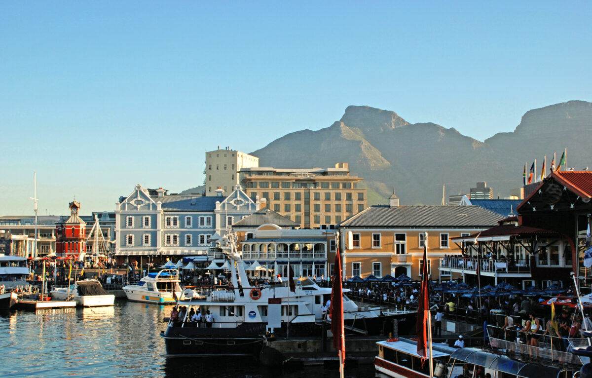 Boats and city backdrop of Victoria and Alfred Waterfront, Cape Town, South Africa