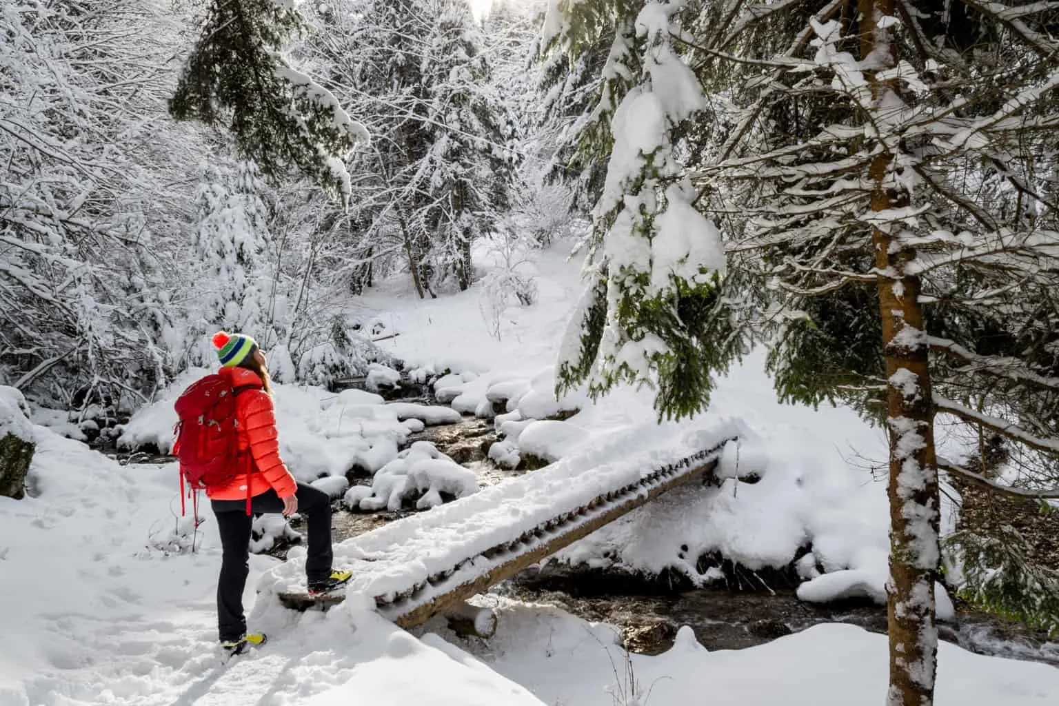 A snowy mountain trail on a winter hiking trip in the USA
