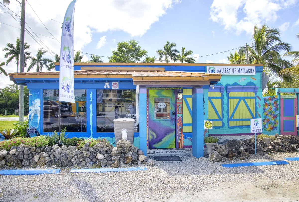 Bold Blue Gallery of Matlacha Building in Matlacha, Florida on sunny day