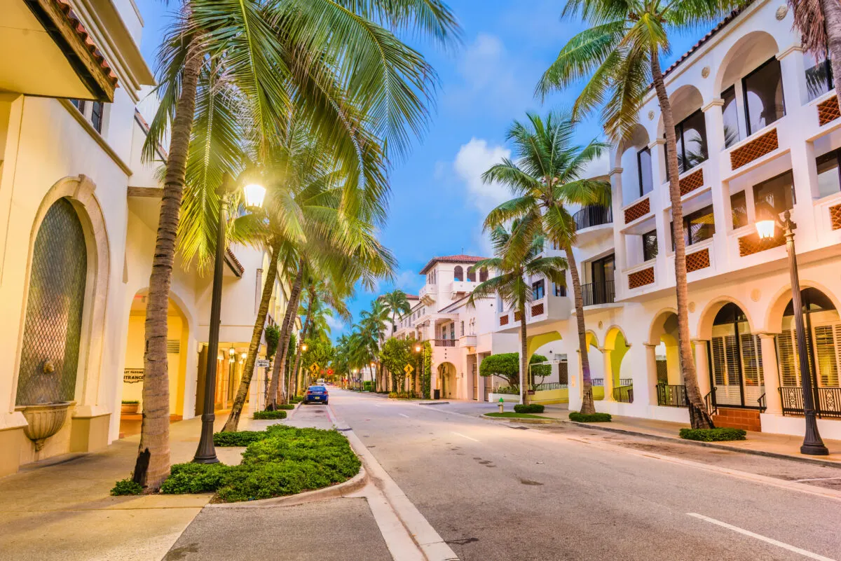 Palm Beach, Florida, a street view of Worth Ave at twilight