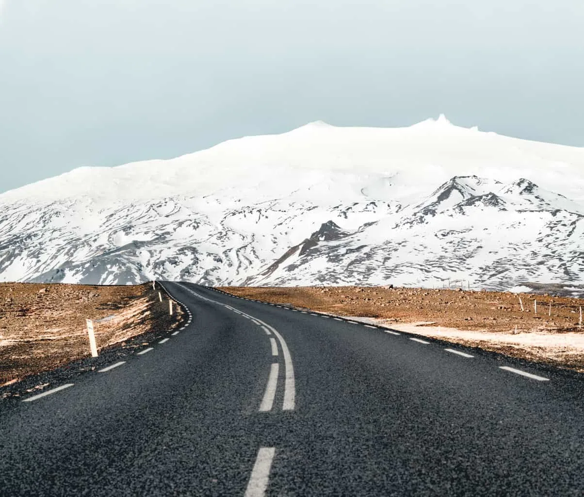 The Ring Road in Iceland running through a snowy winter landscape