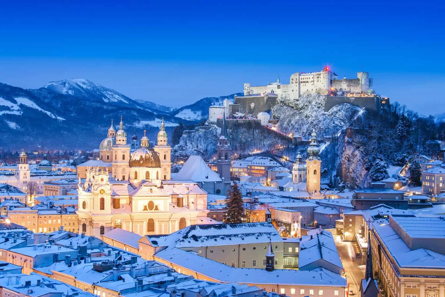 A snowy alpine town in winter on a European road trip