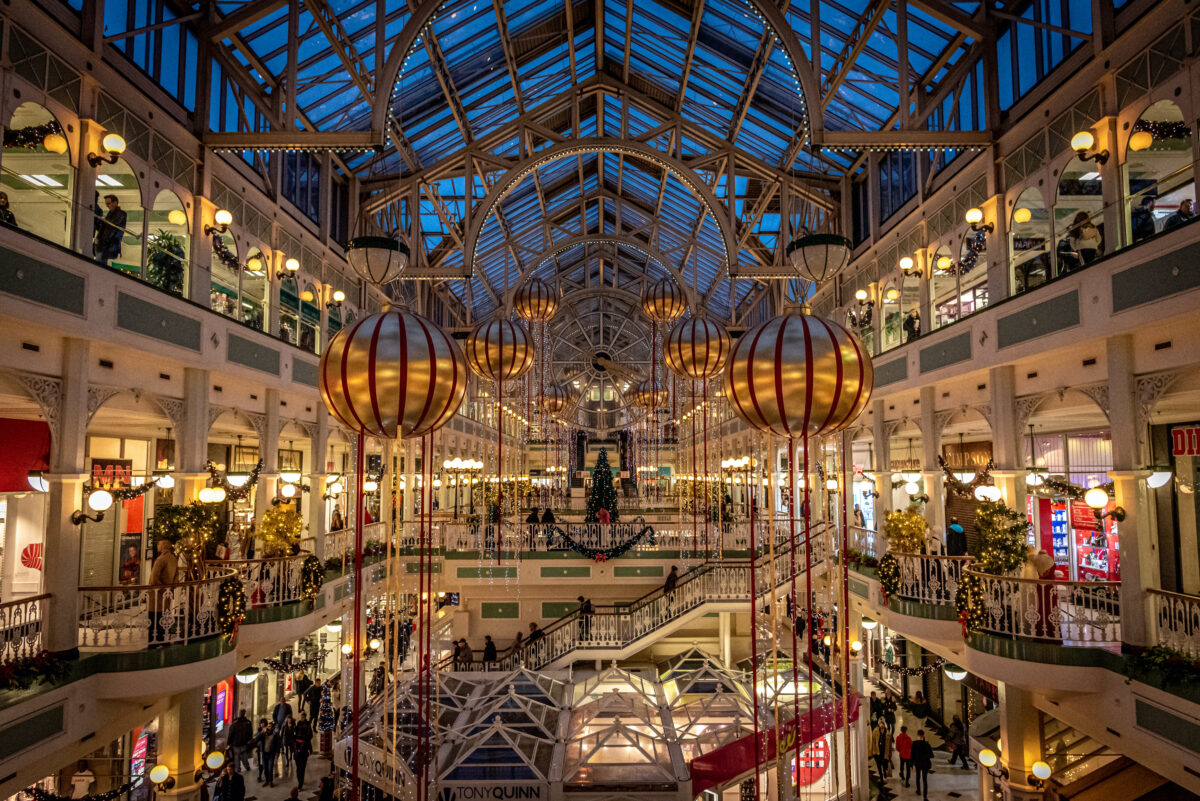 Inside Dublin Shopping center decorated for Christmas.