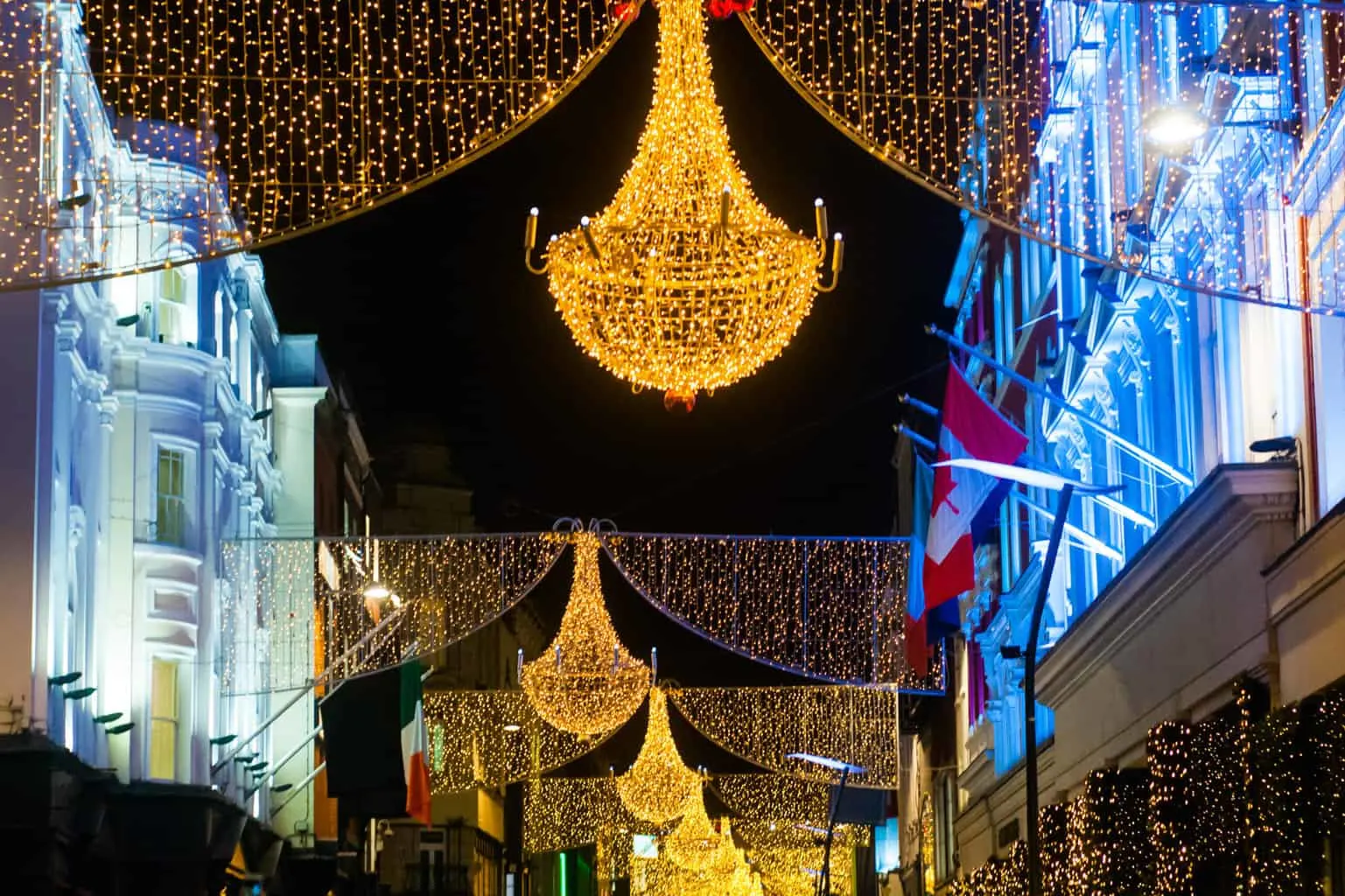 Christmas lights strung above Grafton Street in Dublin, Ireland