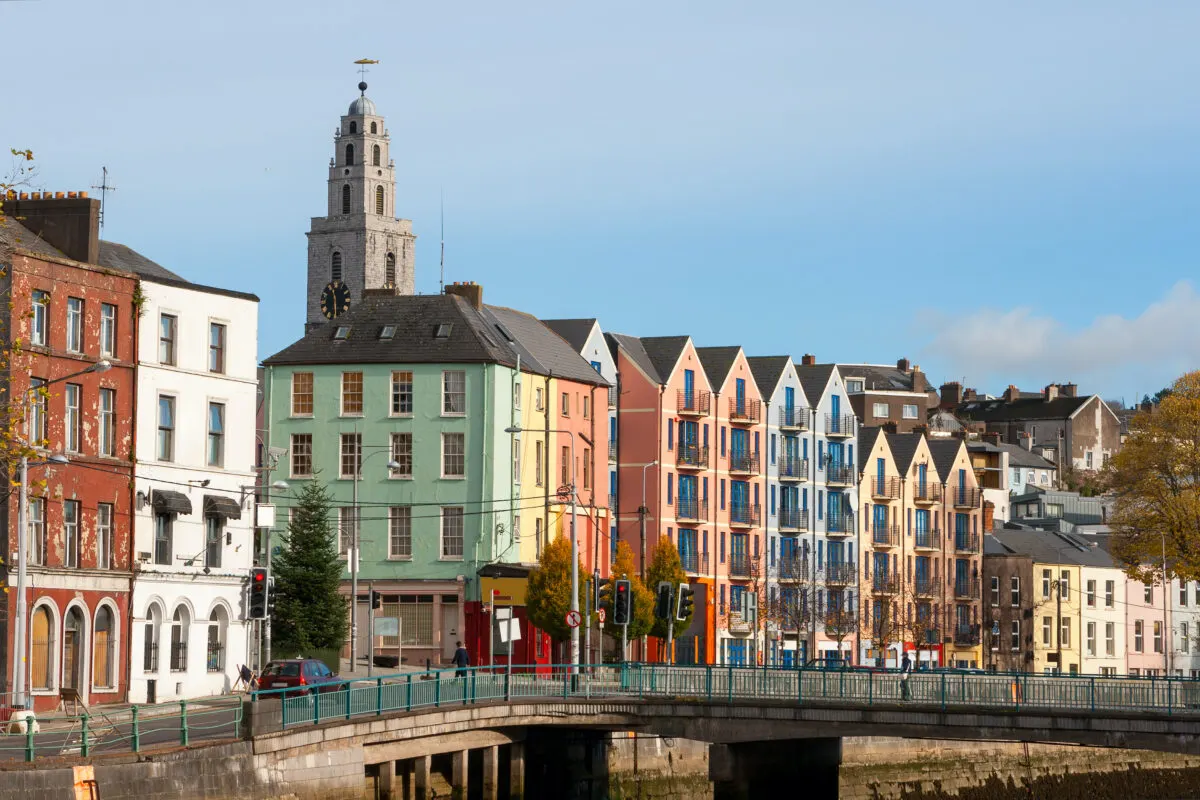 St. Patrick's Quay on River Lee in Cork, Ireland. Colorful houses in background