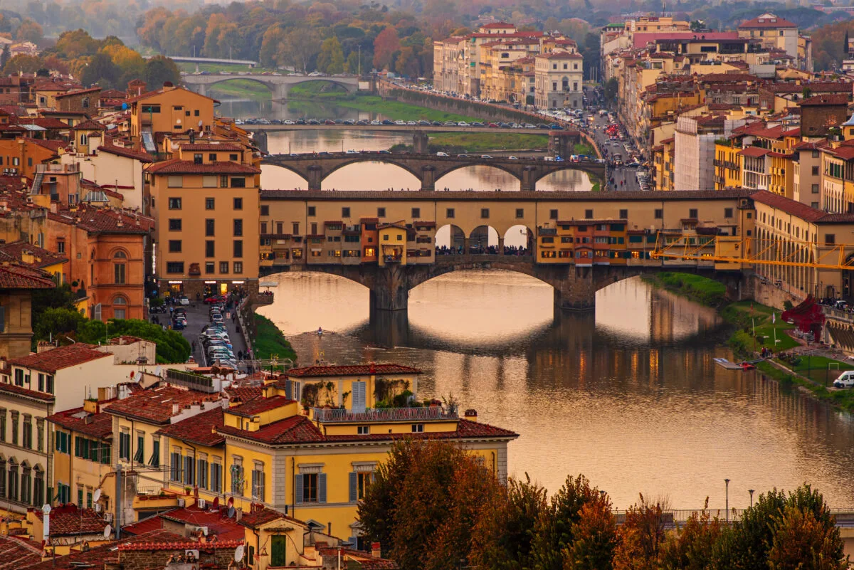 Florence in the Fall
View from the river to the Ponte Vecchio in Florence at sunset