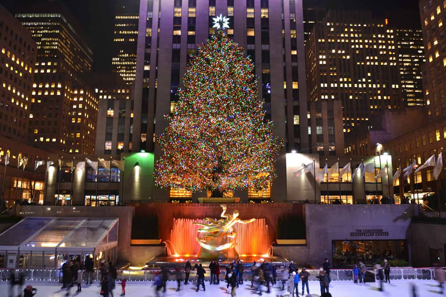 Lego Christmas Tree holiday window display in Rockefeller Center