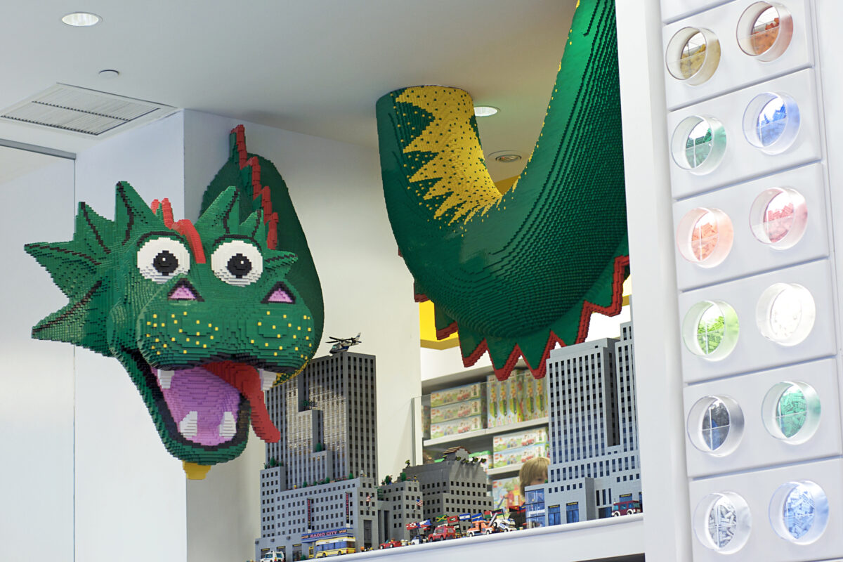 LEGO store at Rockefeller Center in New York
Dragon made of LEGOS wrapped around a wall