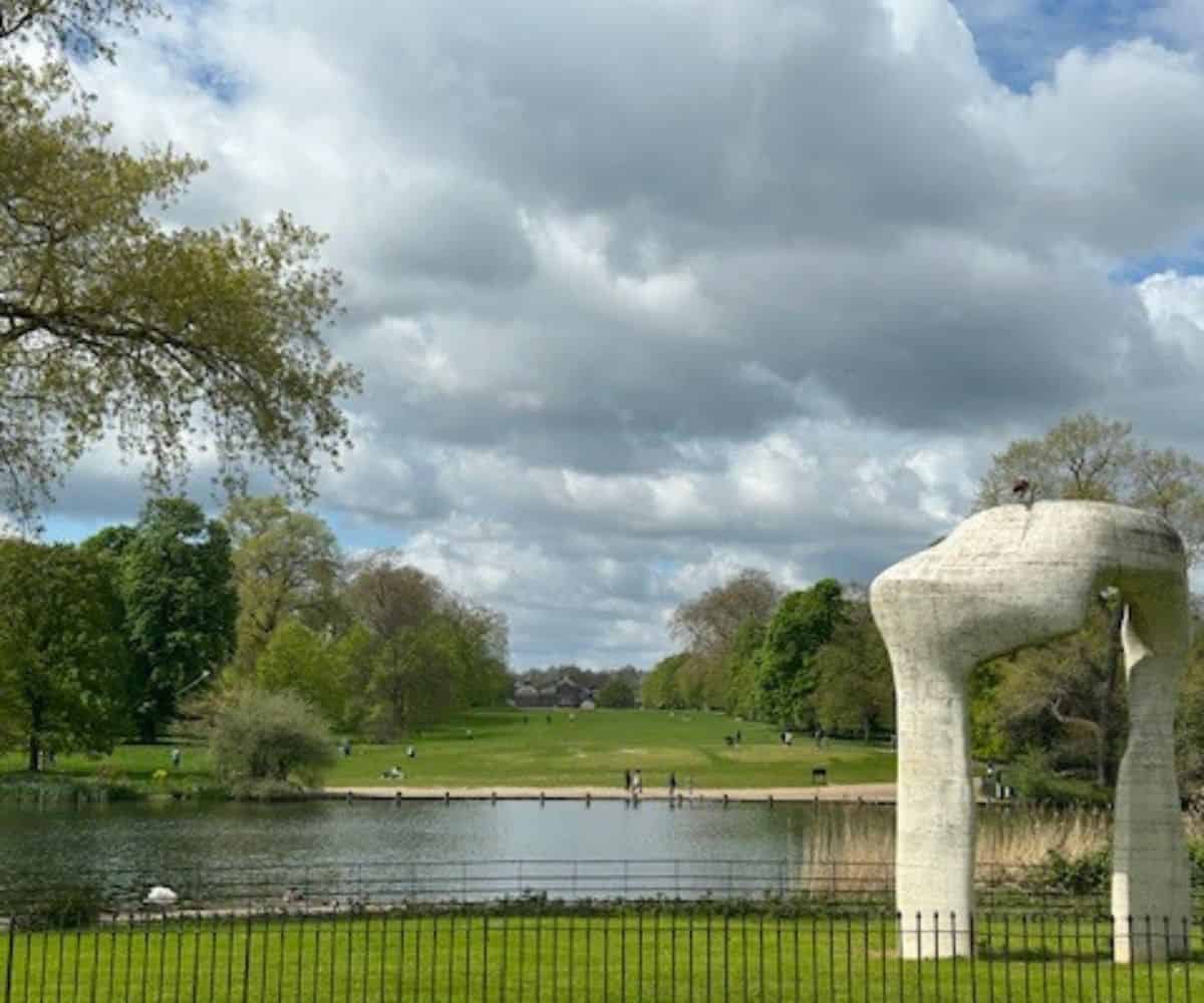 Sculpture in Hypde park on a partly cloudy day in London