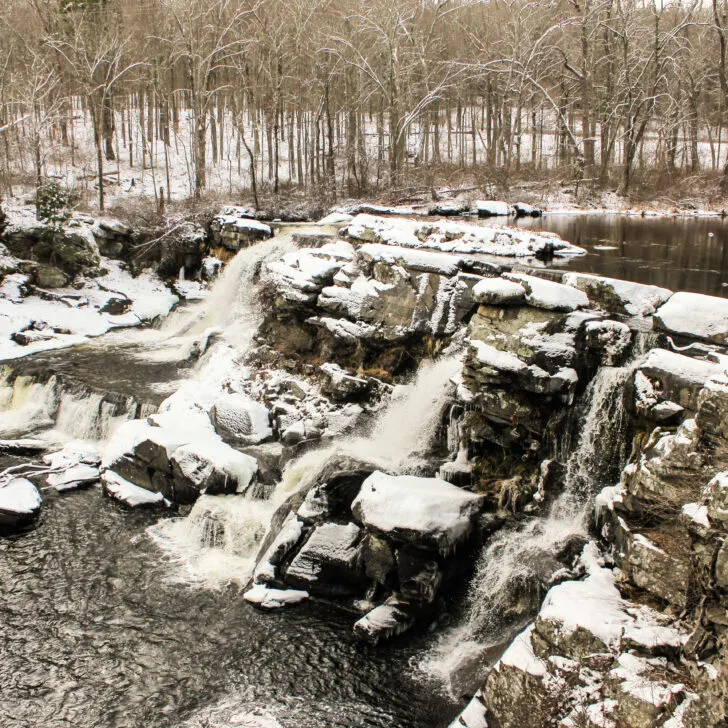 Frozen river and rocks with snow in Poconos, Pennsylvania