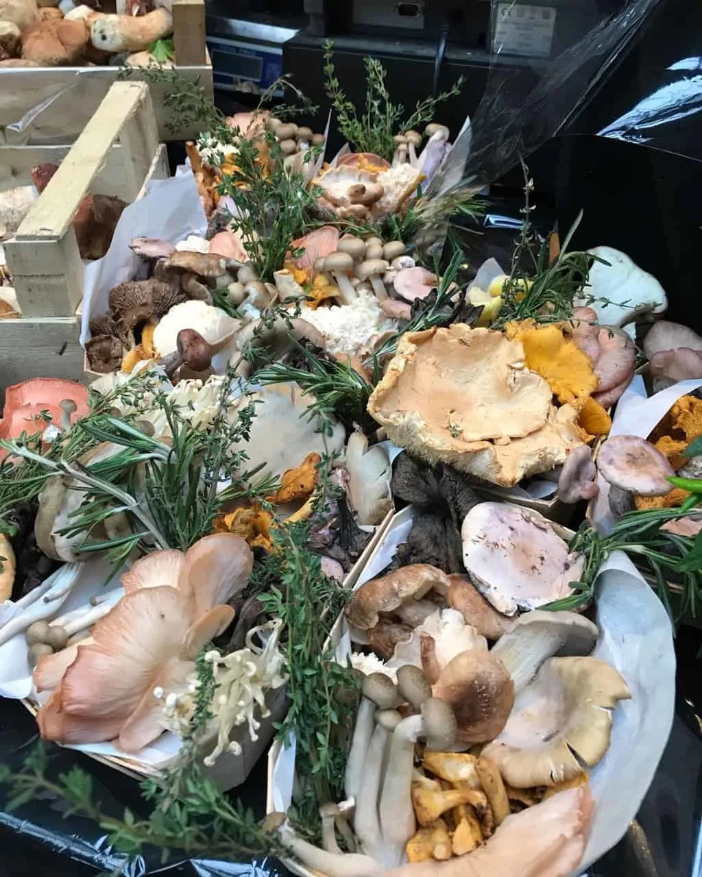 table filled with different types of mushrooms in Borough Market in London, UK
