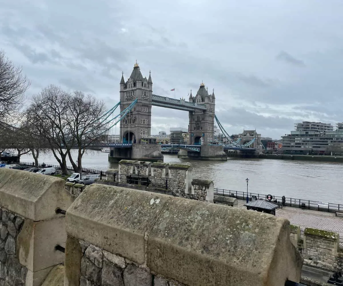 London Bridge and the River Thames with gray skies