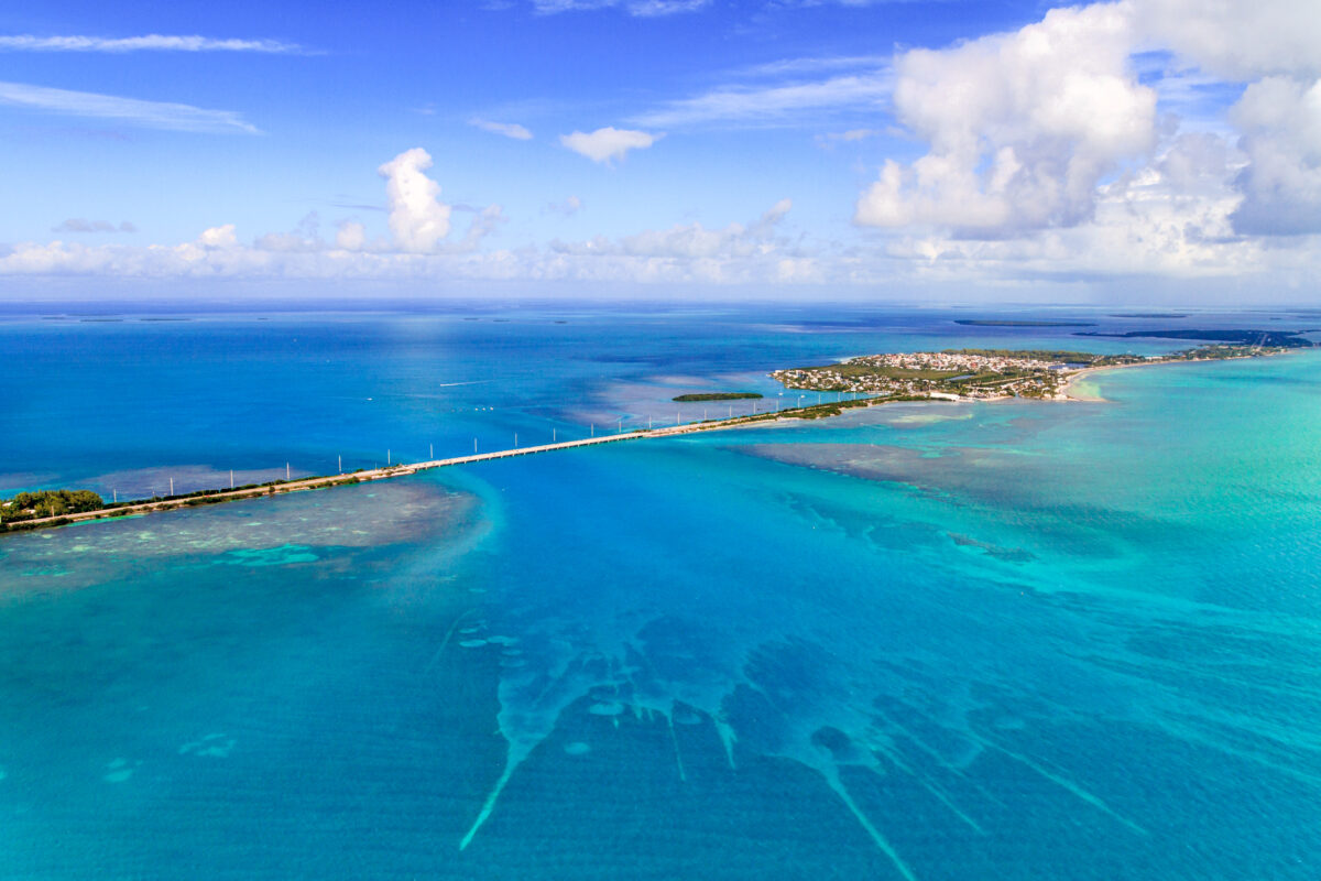 Aerial image of the Florida keys with a bridge