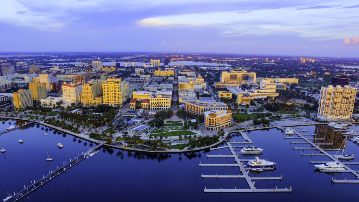 aerial photo of West Palm Beach Florida with boat slips and the ocean