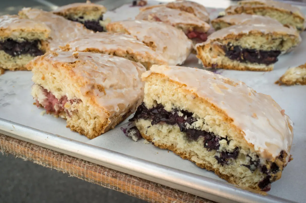 Irish Tea scones with glaze topping and fruit filling. Galway, Ireland experiences, food tour.