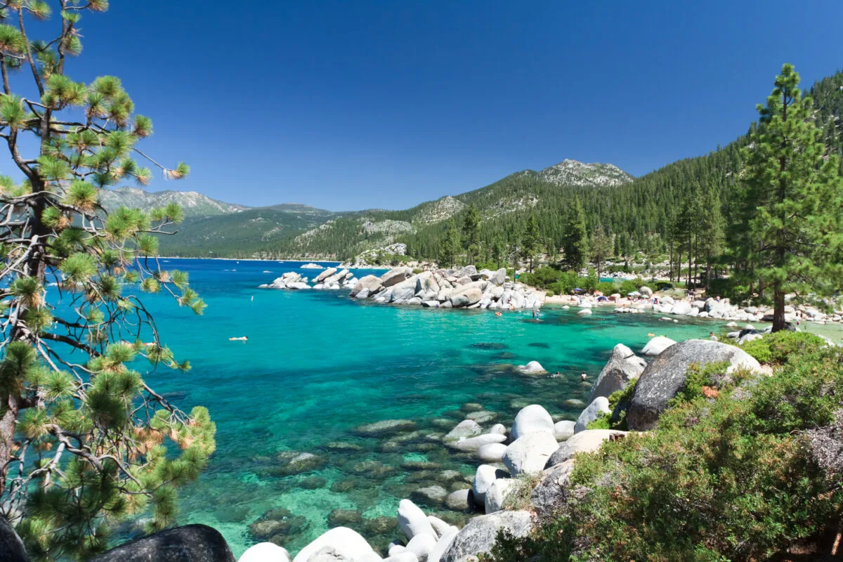 bright blue waters and mountains in Lake Tahoe in California