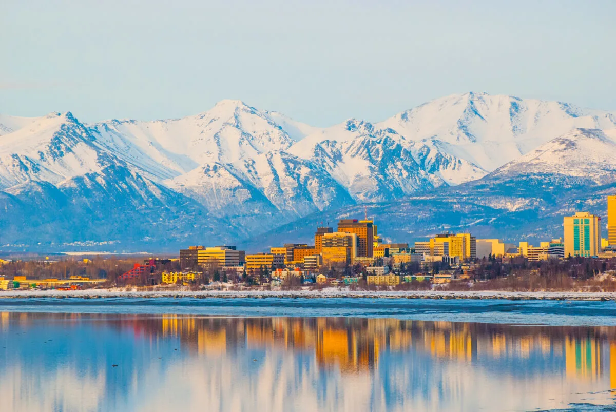panoramic view of Anchorage, Alaska with mountains and cityscape