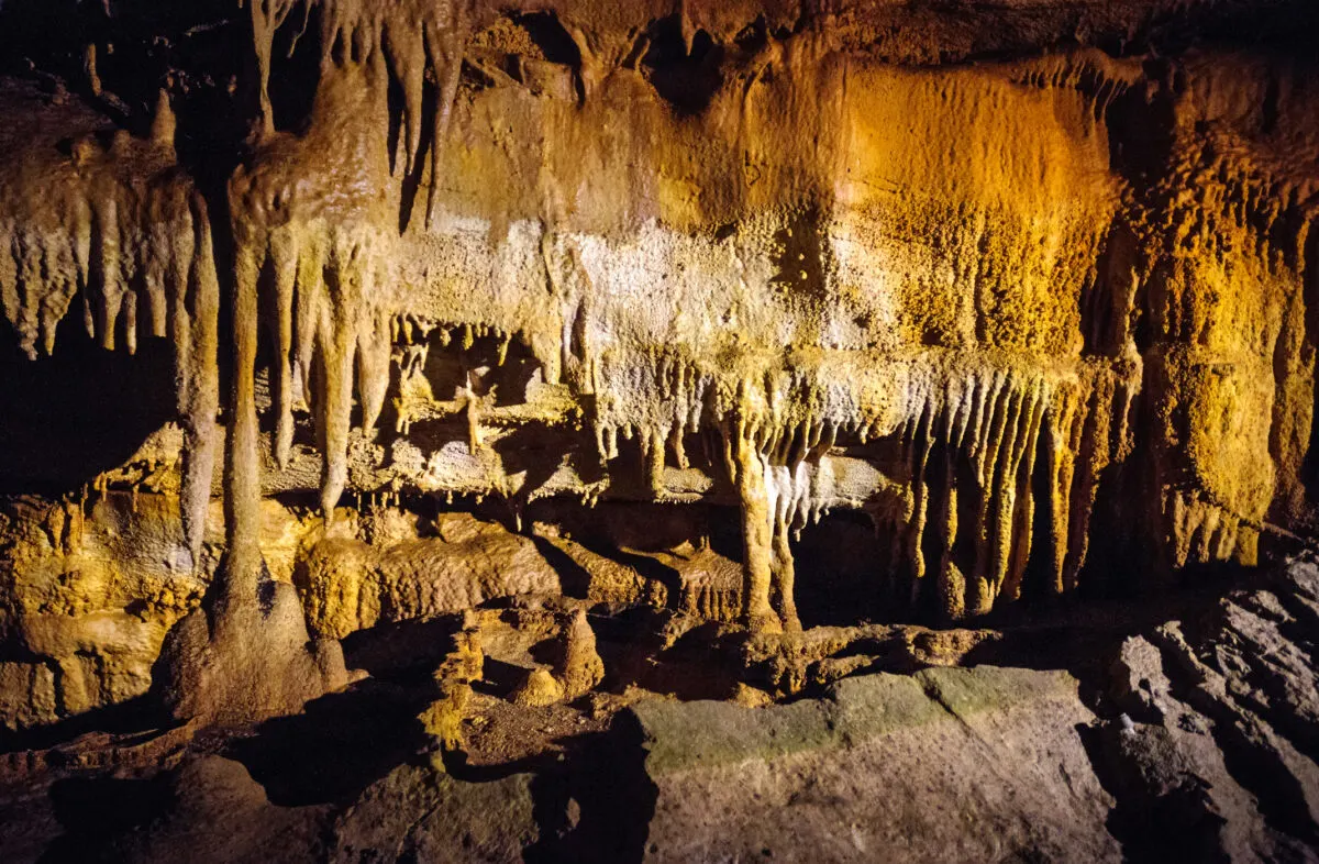 Stalagtites in a large cave in Mammoth Cave National Park, KY