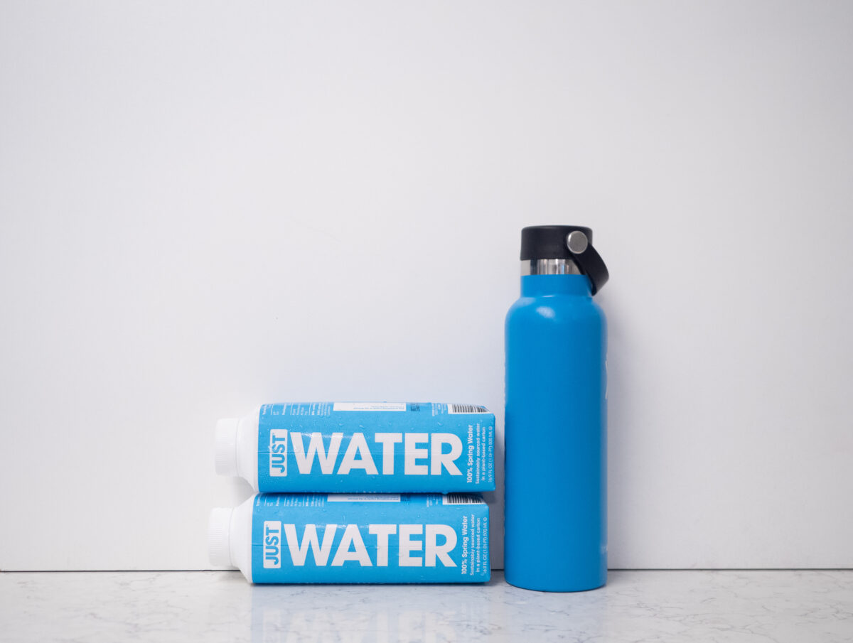blue reusable water bottle