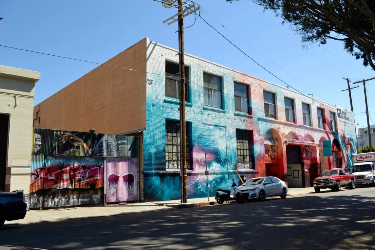 Outside colorfully painted wall of the building, Art Share LA building in the Arts District, LA