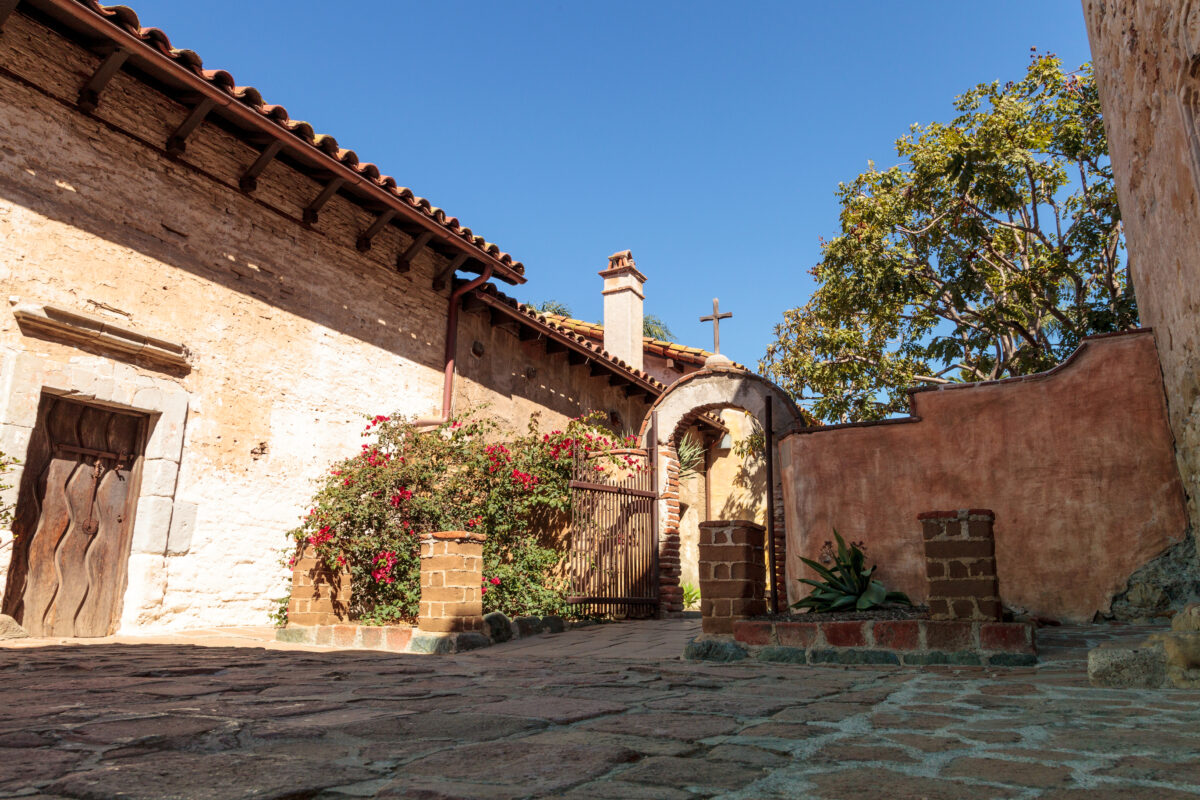 Inside Mission San Juan Capistrano on a sunny day