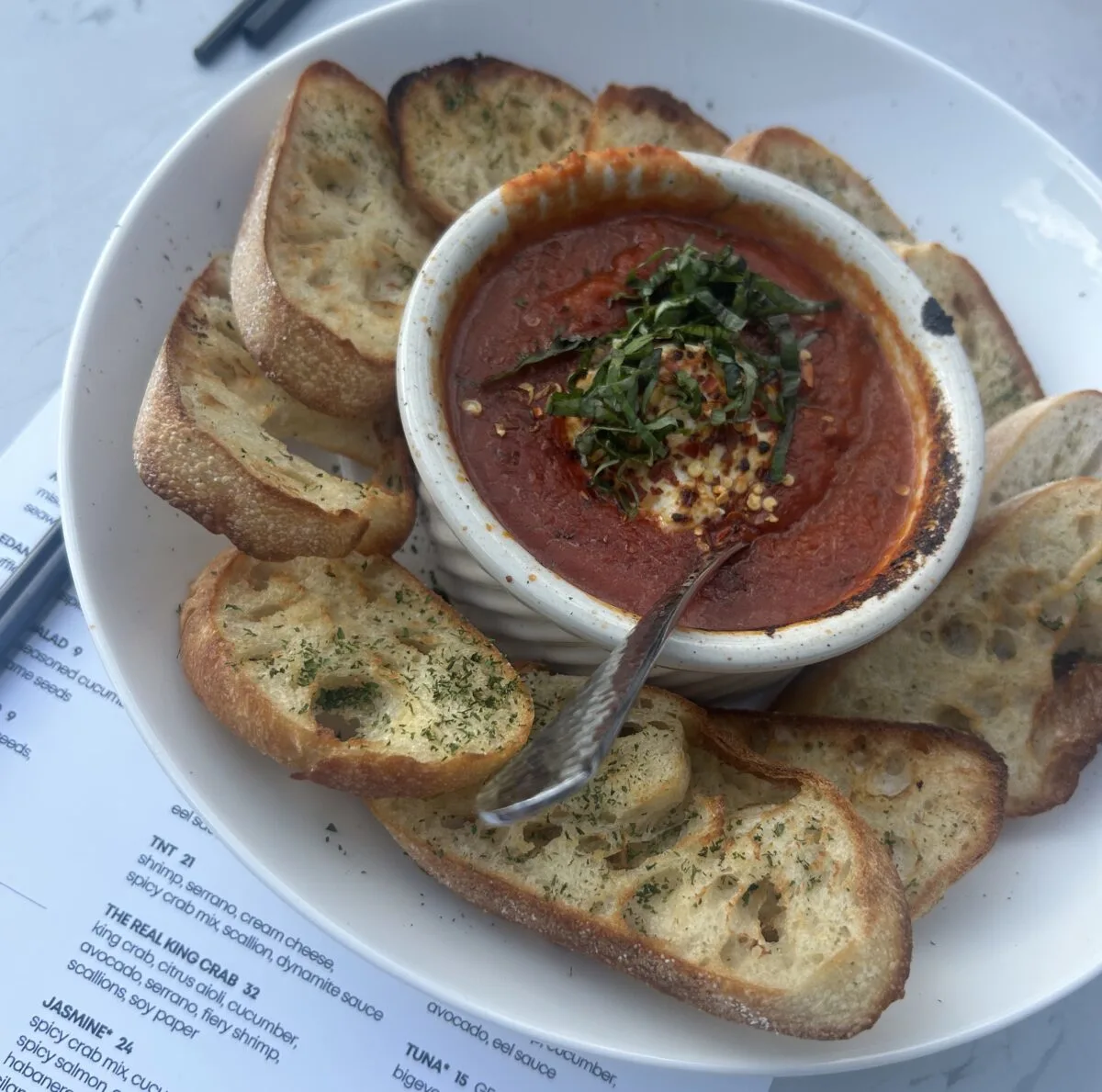 Spicy goat cheese mariana with crusted bread