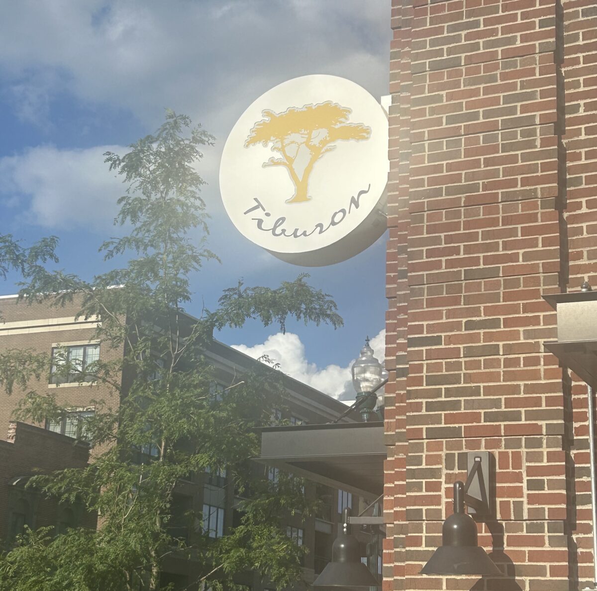 Exterior sign of Tiburon Seafood Restaurant on the brick wall in Fishers, IN