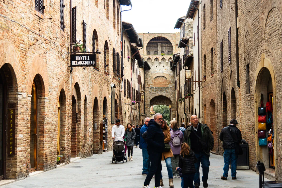 Busy Street in San Gimignano with people walking