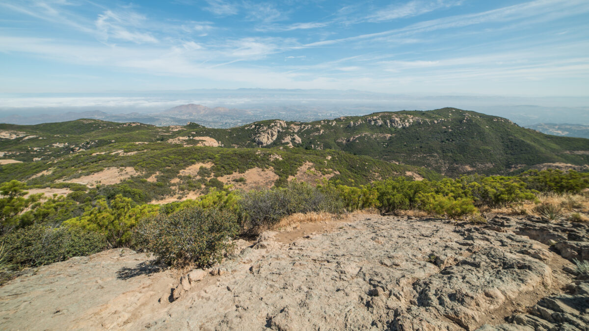 View of mountains from Sandstone Peak in Santa Monica on a sunny day in California