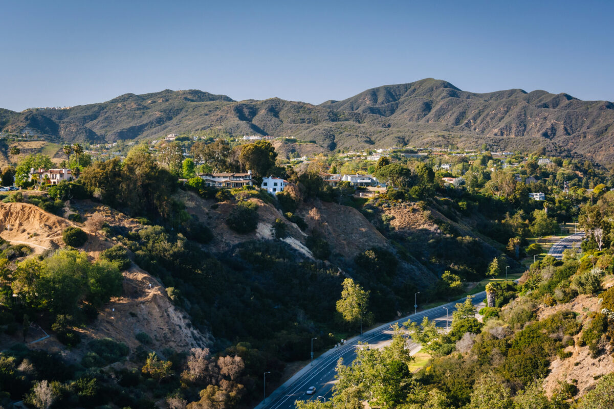 View from Temescal Canyon. Mountains, freeway and houses in view from the top of Temescal Canyon