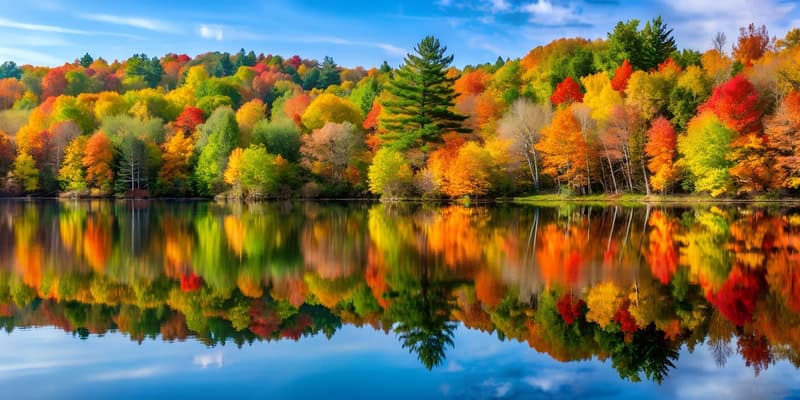 red, yellow, green leaved trees with reflection overlooking a lake