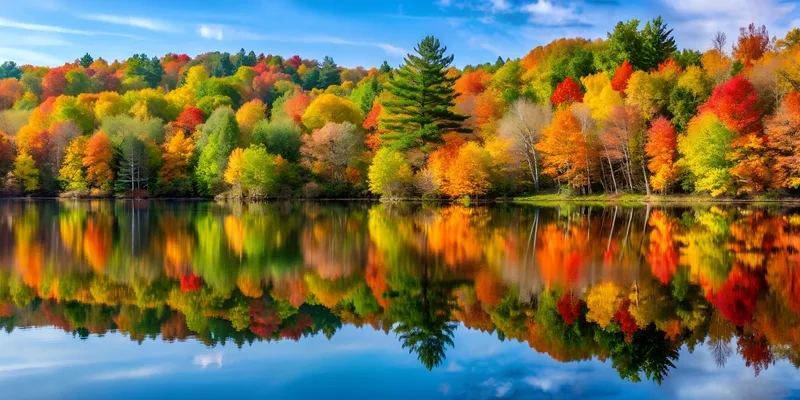 red, yellow, green leaved trees with reflection overlooking a lake