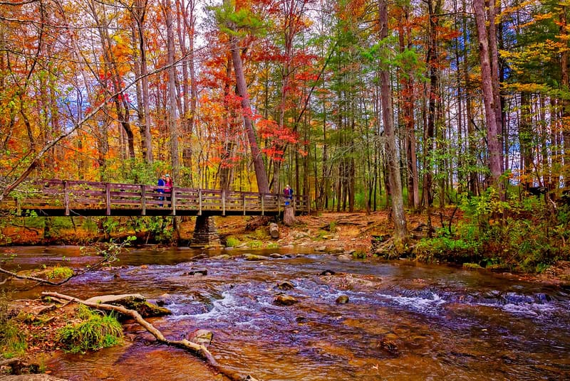 bridge overlooking a stream during fall foliage