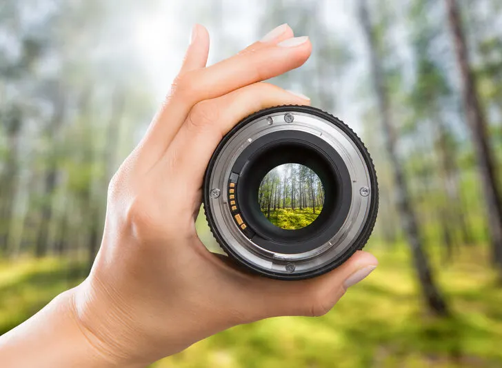 woman's hand holding camera lens with trees