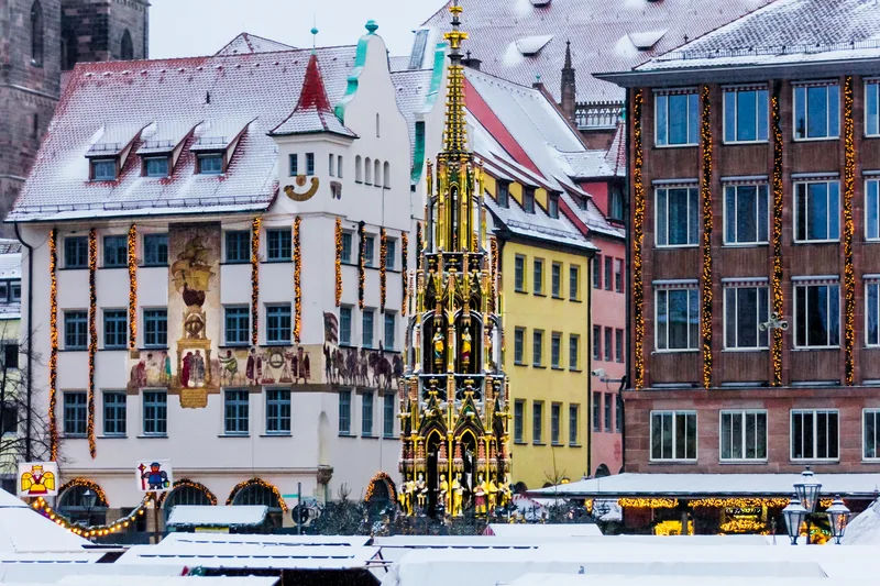 snow covered buildings in German town in winter