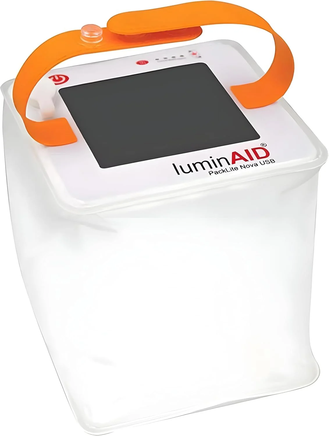 Image of a white  LuminAID Solar Camping Lantern with orange strap for eco-sustanable travel