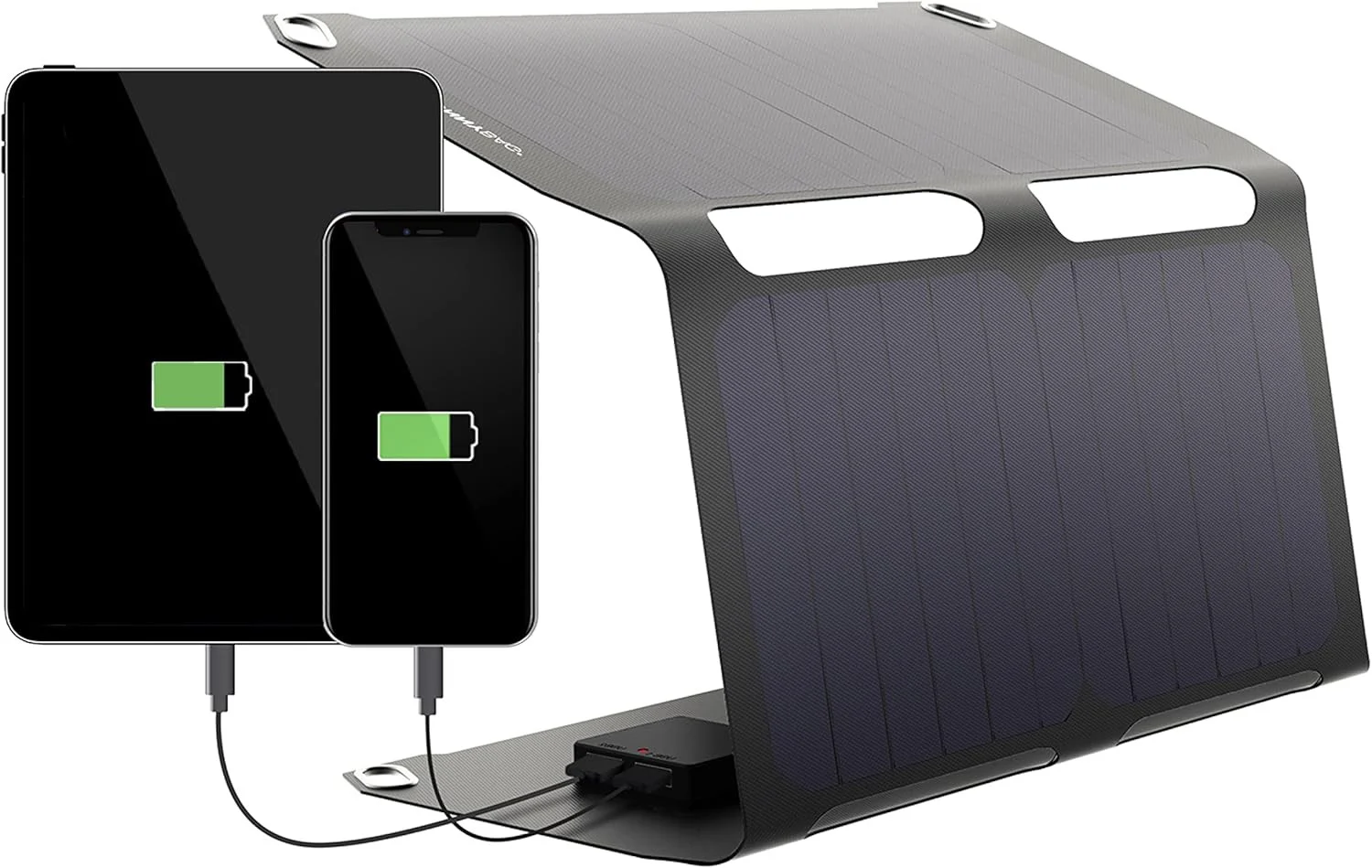 Image of SUNNYBAG Solar Panel Charger in black attached to an ipad and iPhone for eco sustainable travel