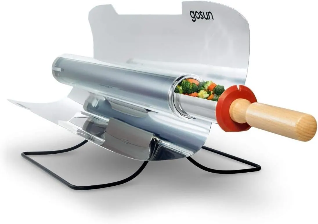 Image of GOSUN Sport Solar Powered Oven with rorating handle showing mixed vegetables in the cylinder for eco sustainable travel