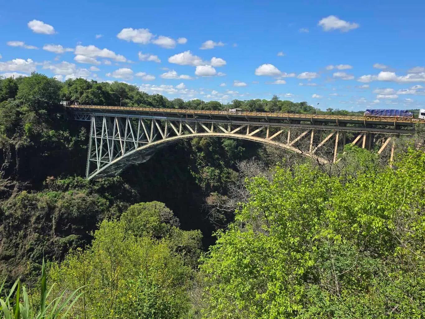 The white bridge connecting Zimbabwe and Zambia at Victoria Falls