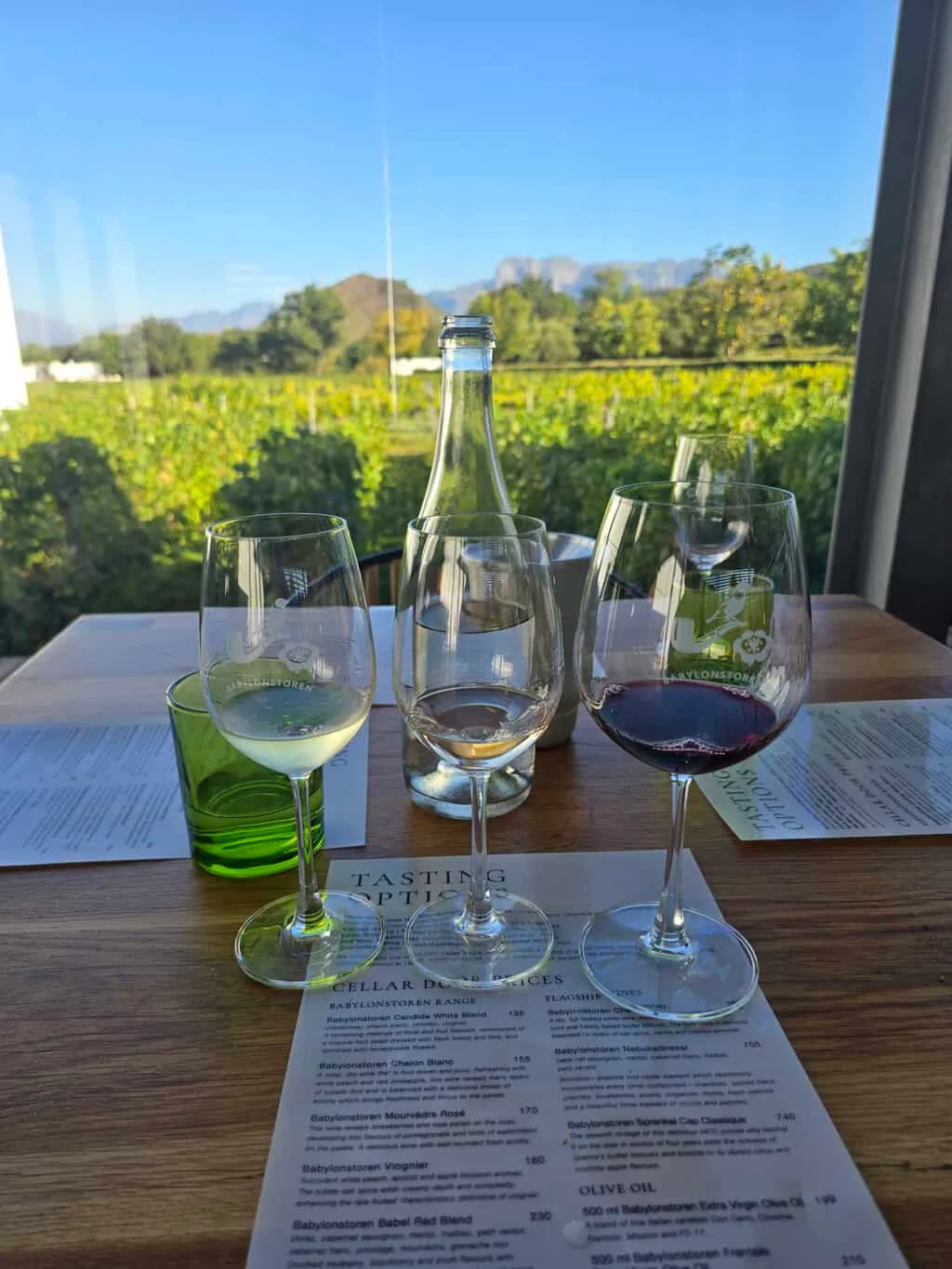 Three wine glasses on a table in front of the vineyard at Babylonstoren
