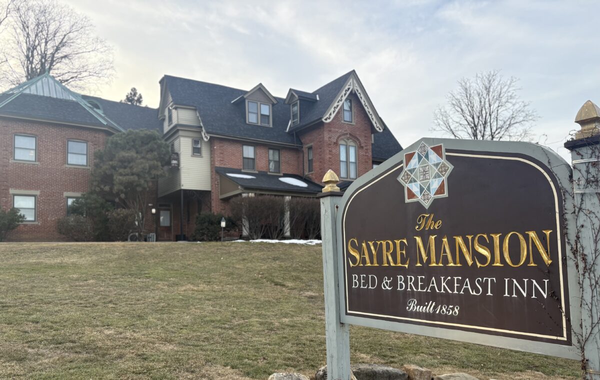 Sign for Sayre Mansion Inn Bed and Breakfast outside the Sayre Mansion Inn in Bethlehem, PA